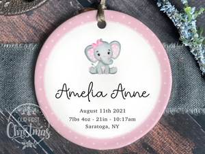 Personalized Baby Girl Birth Stats Ornament - Pink Elephant
