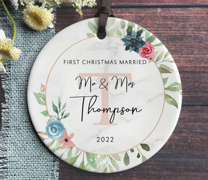 Personalized First Christmas Married Floral Ornament - Letter + Name