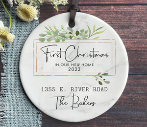 Personalized Green Botanical New Home Ornament - Year, Address and Names