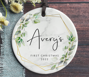Personalized Baby's First Christmas Ornament - Green + Gold Botanical Wreath