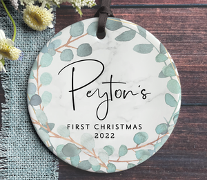 Personalized Baby's First Christmas Ornament - Green Botanical Wreath