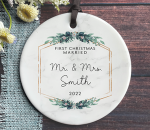 Personalized First Christmas Married Ornament - Name and Year - Green + Gold