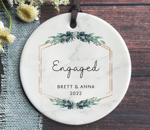 Personalized Engaged Christmas Ornament - Green + Gold