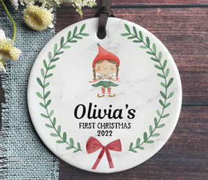 Personalized Baby Girl's First Christmas Ornament - Red Elf