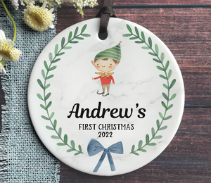 Personalized Baby Boy's First Christmas Ornament - Blue Elf