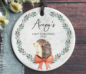 Personalized Baby Girl's First Christmas Ornament- Hedgehog