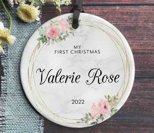 Personalized Baby Girl First Christmas Ornament - Framed Pink Floral