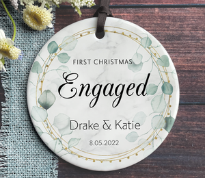 Personalized Engaged Christmas Ornament - Green + Gold Botanical Wreath