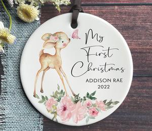 Personalized Baby Girl's First Christmas Ornament - Pink Deer