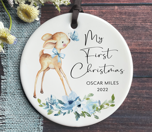 Personalized Baby Boy's First Christmas Ornament - Blue Deer