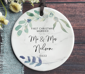 Personalized First Christmas Married Ornament - Blue and Green Watercolor Botanical