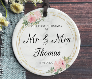 Personalized First Christmas as Mr & Mrs Ornament - Pink and Gold Frame