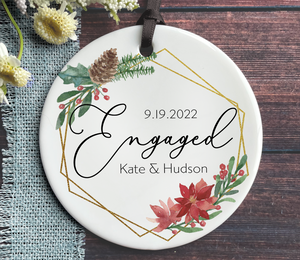 Personalized First Christmas Engaged Ornament - Names and Date with Gold Frame + Holly