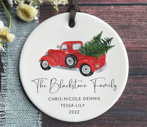 Personalized Family Christmas Ornament - Family, Names and Year - Red Pickup Truck