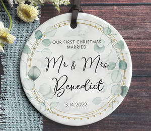 Personalized First Christmas Married Ornament - Green + Gold Botanical - Mr + Mrs