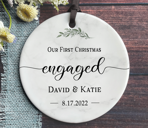 First Christmas Engaged Minimalist Ornament - Personalized Names & Date