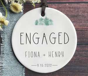 Personalized Engaged Christmas Ornament - Names and Date - Green Minimalist Trees