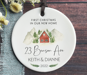 Personalized New Home Ornament - Address, Names and Year - Mountains + Red Home