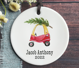 Personalized Kid's Christmas Ornament - Red + Yellow Toy Car