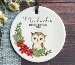 Personalized Baby Boy's First Christmas Ornament - Owl
