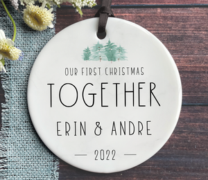 Personalized Couples Christmas Ornament - Our First Christmas Together - Green Minimalist Trees