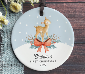 Personalized Baby's First Christmas Ornament - Deer in the Snow