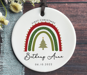 Personalized Baby's First Christmas Ornament - Red and Green Rainbow