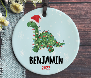 Personalized Boy's Dinosaur Christmas Ornament - Green Dinosaur