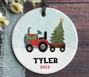 Personalized Boy's Tractor Christmas Ornament - Red Tractor