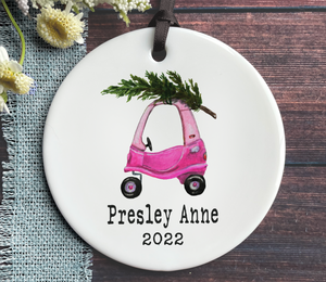Personalized Girl's Pink Car Christmas Ornament
