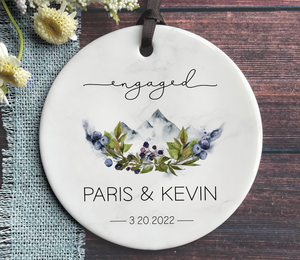 Personalized Engaged Christmas Ornament - Berries and Mountains