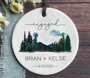 Personalized Engaged Christmas Ornament - Mountains and Trees