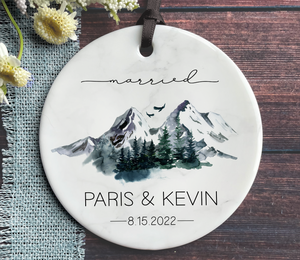 Personalized First Christmas Married Ornament - Watercolor Mountains