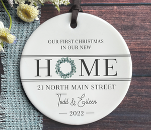 Personalized New Home Ornament - Address, Names and Year - Green + Blue Wreath