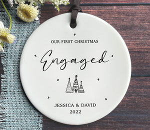 Personalized Engaged Christmas Ornament - Names and Date - Minimalist Trees
