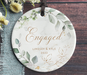 Personalized Engaged Christmas Ornament - Green + Gold Botanical