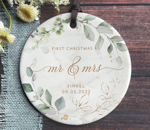 Personalized Mr and Mrs Christmas Ornament - Green + Gold Botanical
