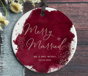 Personalized Merry + Married Ornament - Maroon + Gold