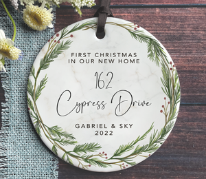 New Home Address Ornament - Christmas in New Home 2022 - Green Pine Botanical Wreath