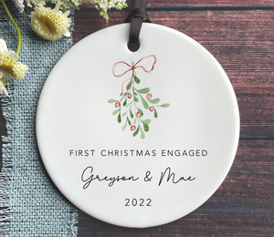 Personalized First Christmas Engaged - Christmas Engagement Names Ornament 2022 - Mistletoe Ornament
